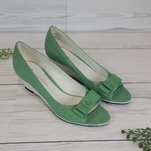 Etienne Aigner Dina Green Open-Toe Shoes with Wedge Heel Womens Size 7M